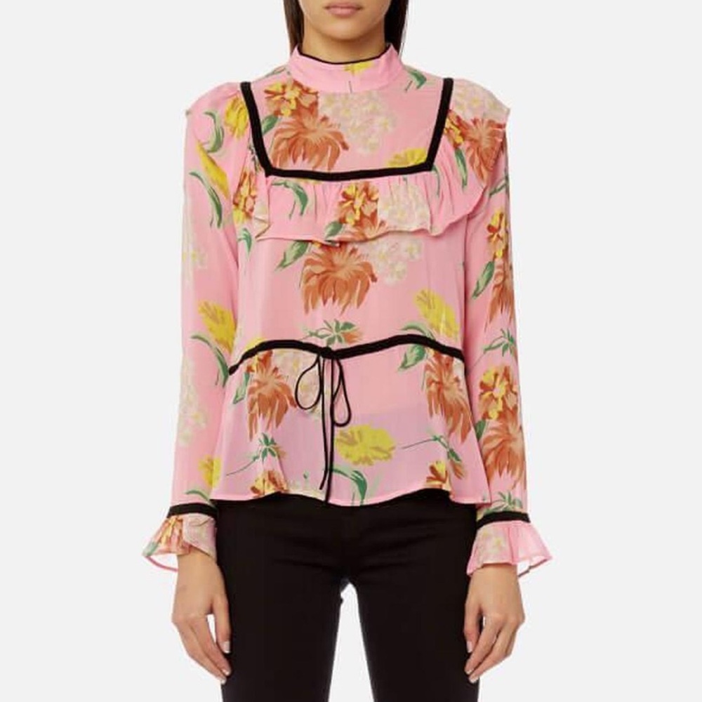 GANNI Marceau Pink Floral Chiffon Ruffle Mock Neck Romantic Blouse Top 40 L